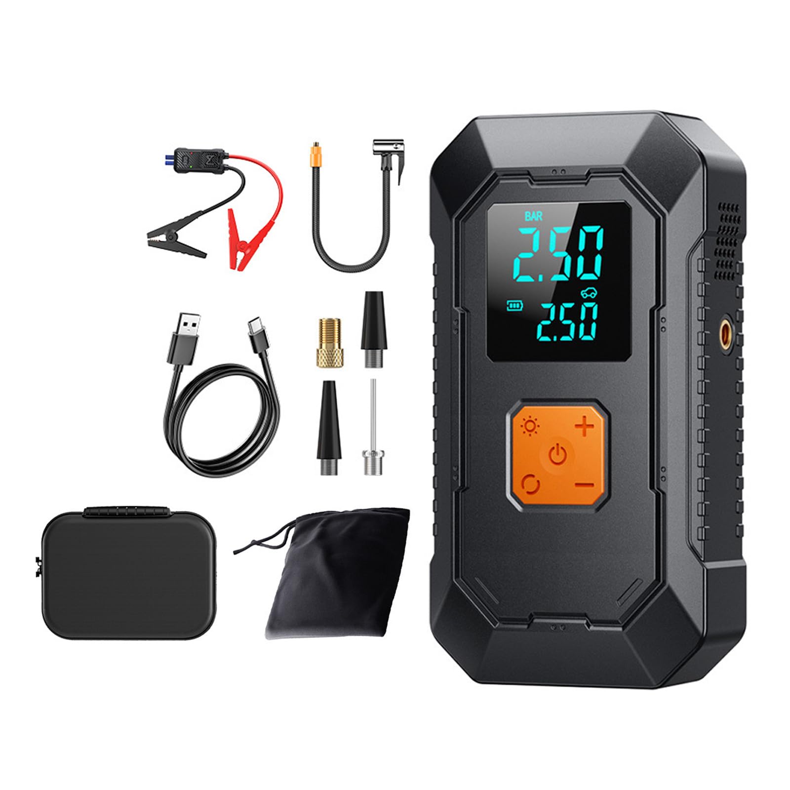 Compresor de Aire 2 en 1 y Adaptador de Corriente para inflar neumáticos de Bicicleta y, con luz Led, Recargable por USB C, Bola para Bicicleta y Motocicleta