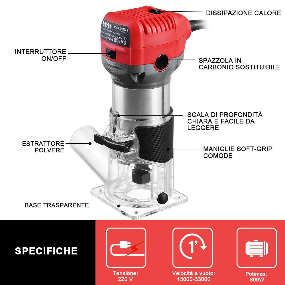 TEENO Rifilatore Fresatrice Verticale per Legno 800W 13000-33000 RPM Con Copertura Antipolvere, Legno Rifilatrice Elettrica Con 5 pezzi 1/4" Fresatura Cuter, 6 Velocità Variabili, Mandrino 6/6.35/8mm