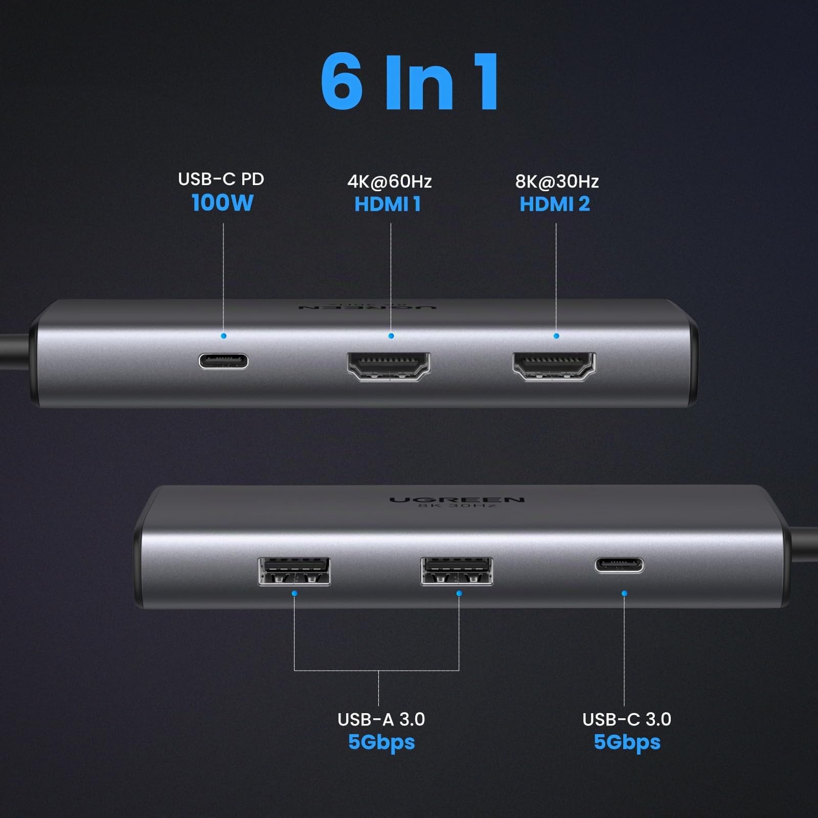 UGREEN Revodok 206 Hub USB C 6 in 1 Docking Station Doppio Display | 2 HDMI, Doppio 4K60Hz, Singolo 8K30Hz, Ricarica PD 100W, Porte USB Multiple 2A1C, Compatibile con MacBook Pro Air e Surface