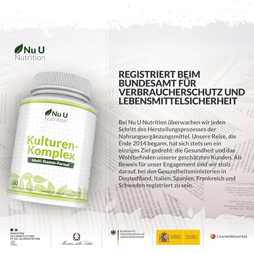 Kulturen Komplex Probiotika Darmsanierung - 180 Kapseln - 6 Monate Vorrat - Hochdosierte BacterienKulturen mit Lactobacillus Acidophilus & Bifidobacterium - Nu U Nutrition