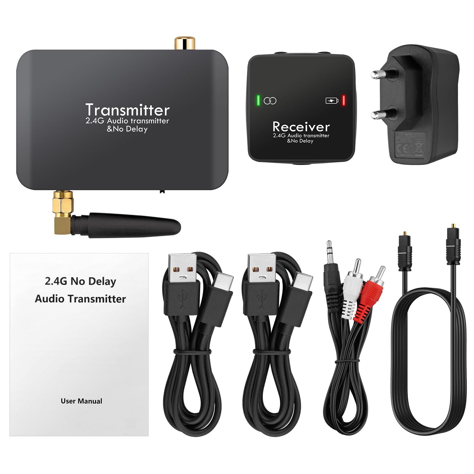 PROZOR 2,4 GHz Drahtloser Audio-Senderempfänger für TV-Unterstützung Optischer koaxialer 3,5-mm-Eingang 96 kHz / 24 Bit digitaler Audioadapter mit geringer Latenz 165 Fuß große Reichweite