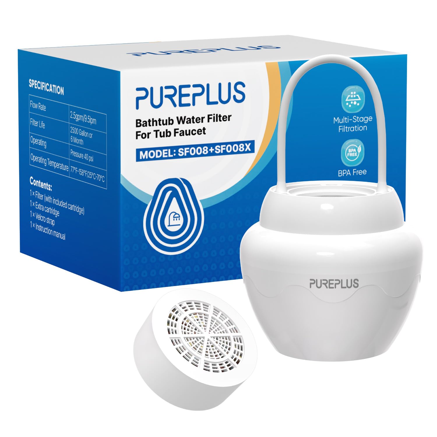 PUREPLUS Bathtub Bath Water Filter for Tub,11 Stages Kinder Bath Filter,2500 Gallons Advanced KDF Filtration,Reduces Chlorine & Heavy Metals,Removes Contaminants for Softer Skin and Hair
