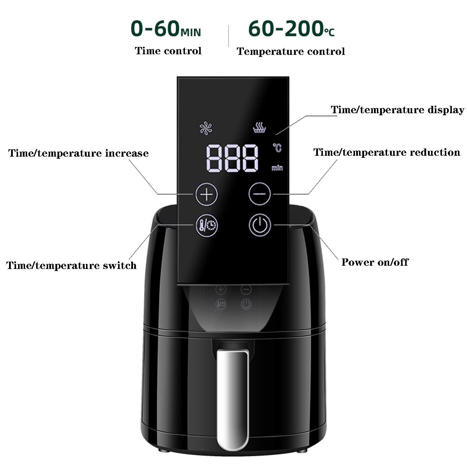 Elektryczna frytkownica 1350 W Nieprzywierający kosz do smażenia 0-60 min Kontrola czasu i 60-200 ℃ Kontrola temperatury z przewodnikiem po przepisach Czarny