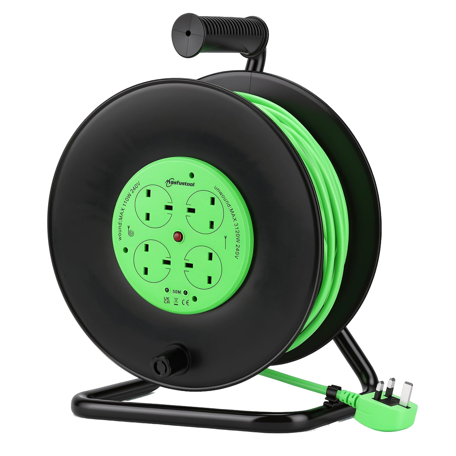 50M 4 Socket Extension Lead, Outdoor Cable Reel, 13A UK Plug
