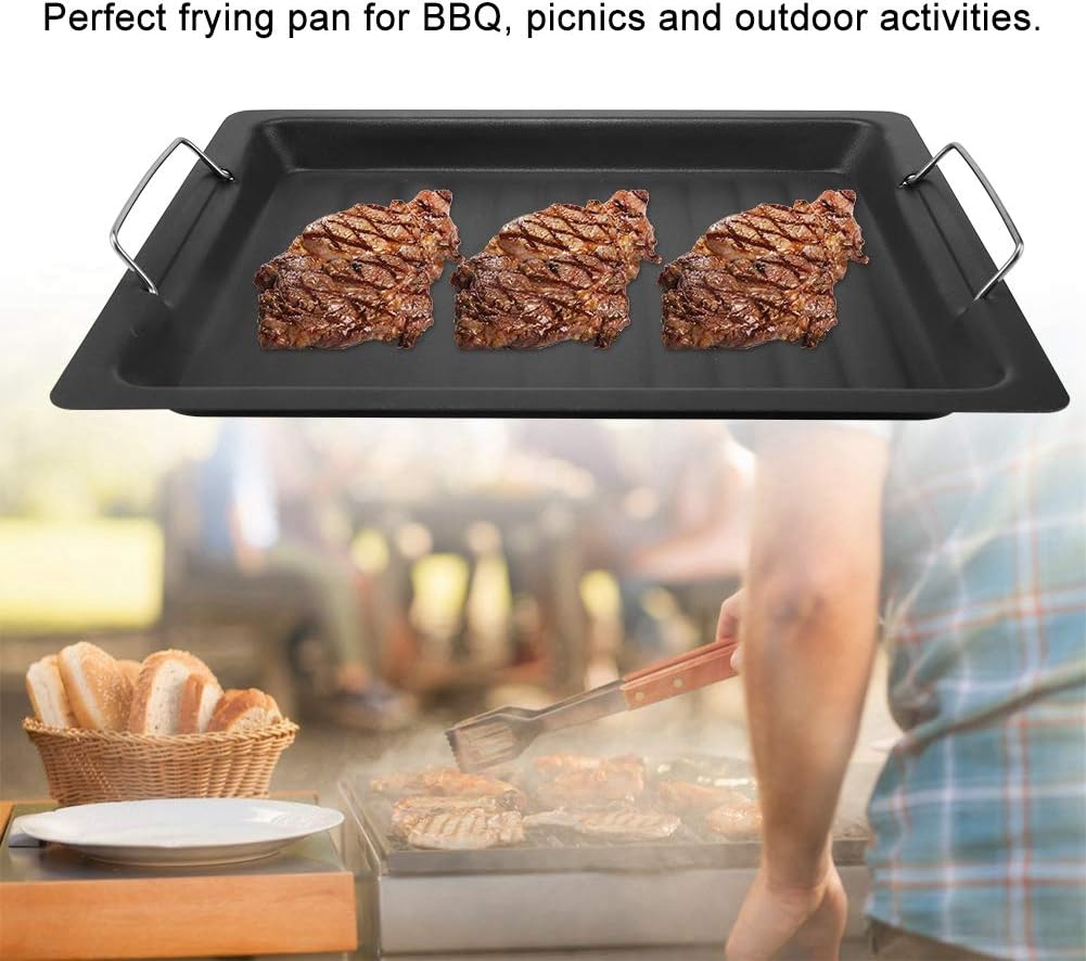 Fdit Portable Stainless Steel BBQ Frying Pan, Non-Stick Grilling Plate, Black, 30x25cm, for Picnics and Outdoor Activities