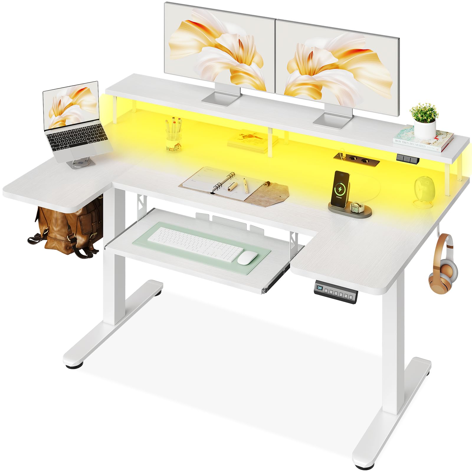 OffiGo Bureau, zittend, staand, U-vorm, 140 cm, elektrisch bureau met monitorstandaard, stopcontacten en USB-poort, staand bureau met led, in hoogte verstelbare gamingtafel, wit