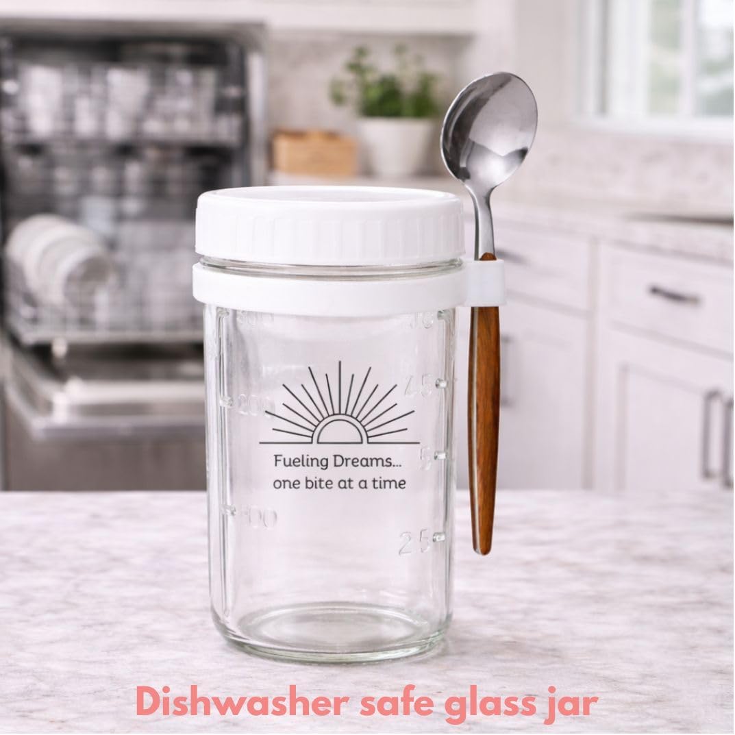 Overnight Oats Jar with Spoon, 10 oz Glass Portion Control Container, Dishwasher Safe with Silicone Seal, Spoon Holder Ring, For Yogurt Parfait, Chia Pudding & Snacks (4)