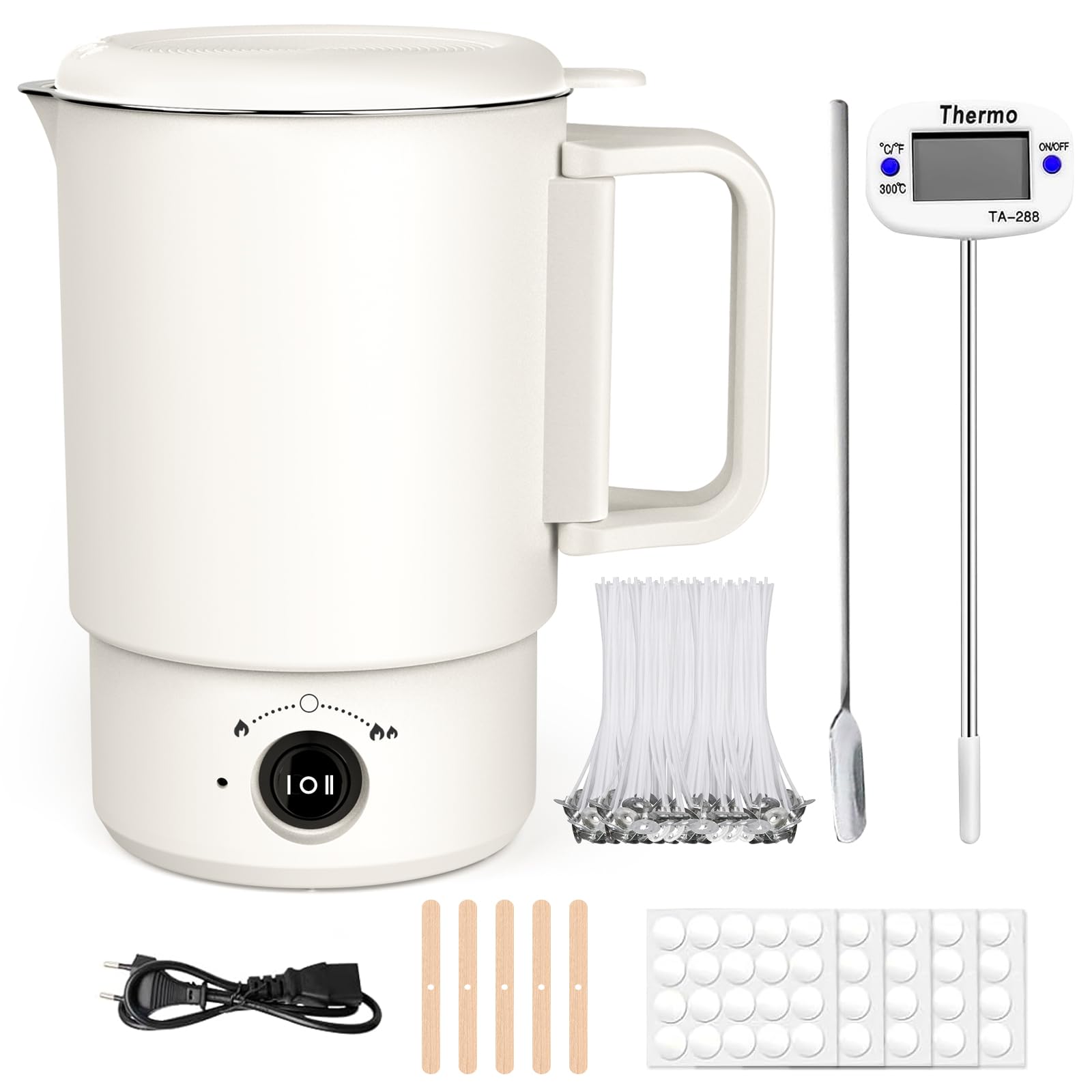 FDOUIGE Elektrischer Wachsschmelzer 800ml für Kerzenherstellung – Komplettes Kerzen Selber Machen Set mit Thermometer, Dochte, Dochthalter, Aufkleber & Rührlöffel