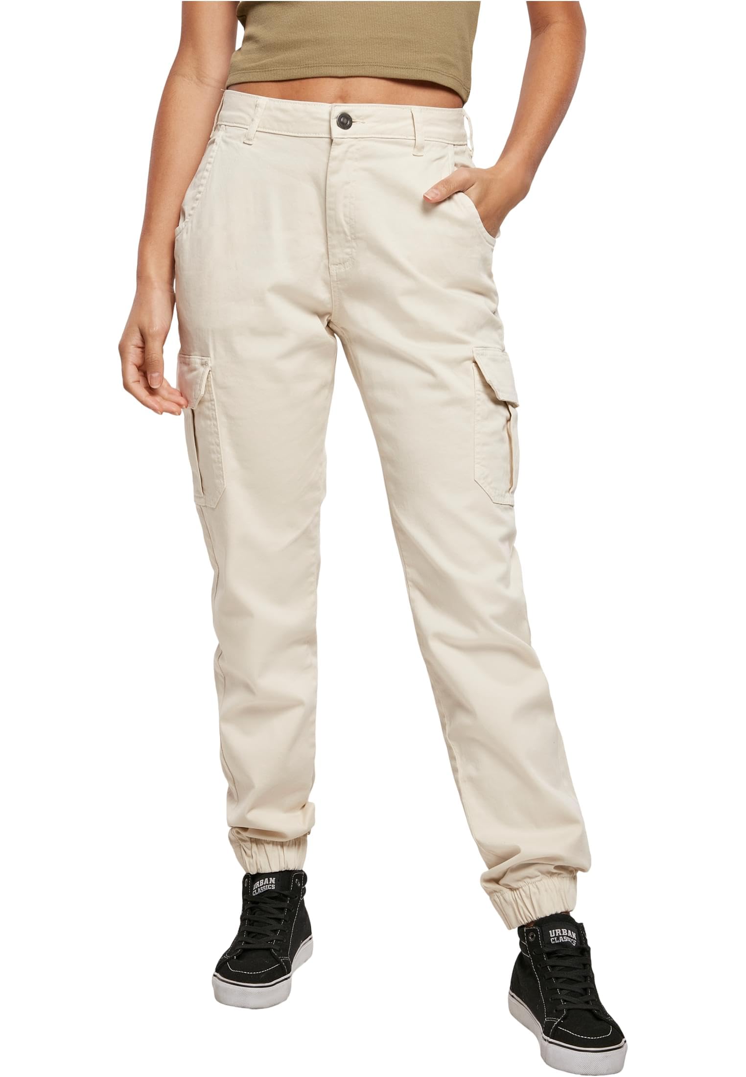 URBAN CLASSICS Combat Cargo Trousers for Women, Cargo Joggers Trousers for Women, Stretch Casual High-Waist Cargo Trousers, Combat Casual Trousers, Colour: Whitesand, Size: 27