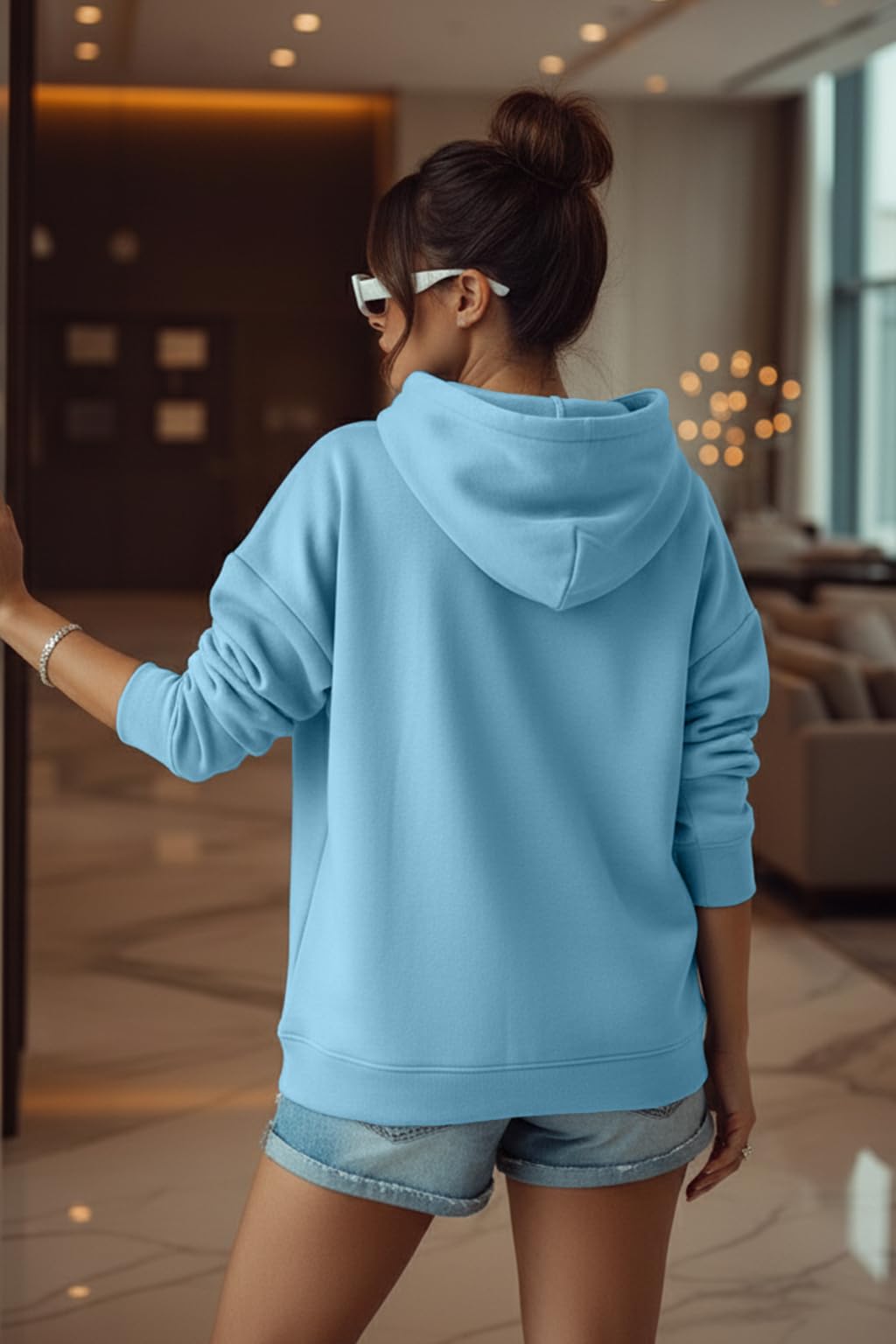 JUNEBERRY Bawełniana bluza z kapturem oversize, pikowane ramiona, długie rękawy, nadruk graficzny z przodu, damski sweter z kapturem S do 3XL