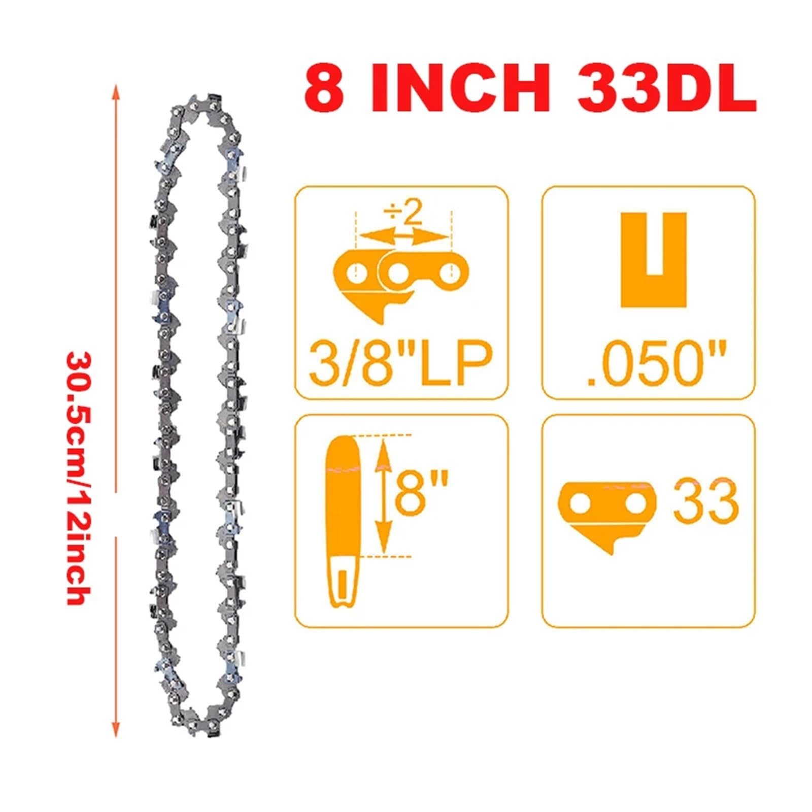 Cadena de motosierra Metal 8 pulgadas, sierra Lp 3/8, 33 eslabones transmisión, repuesto accesorio eléctrico 0.050 Reemplazo de cadena de corte de motosierra.(3pcs-8 Inch 33 Dl)