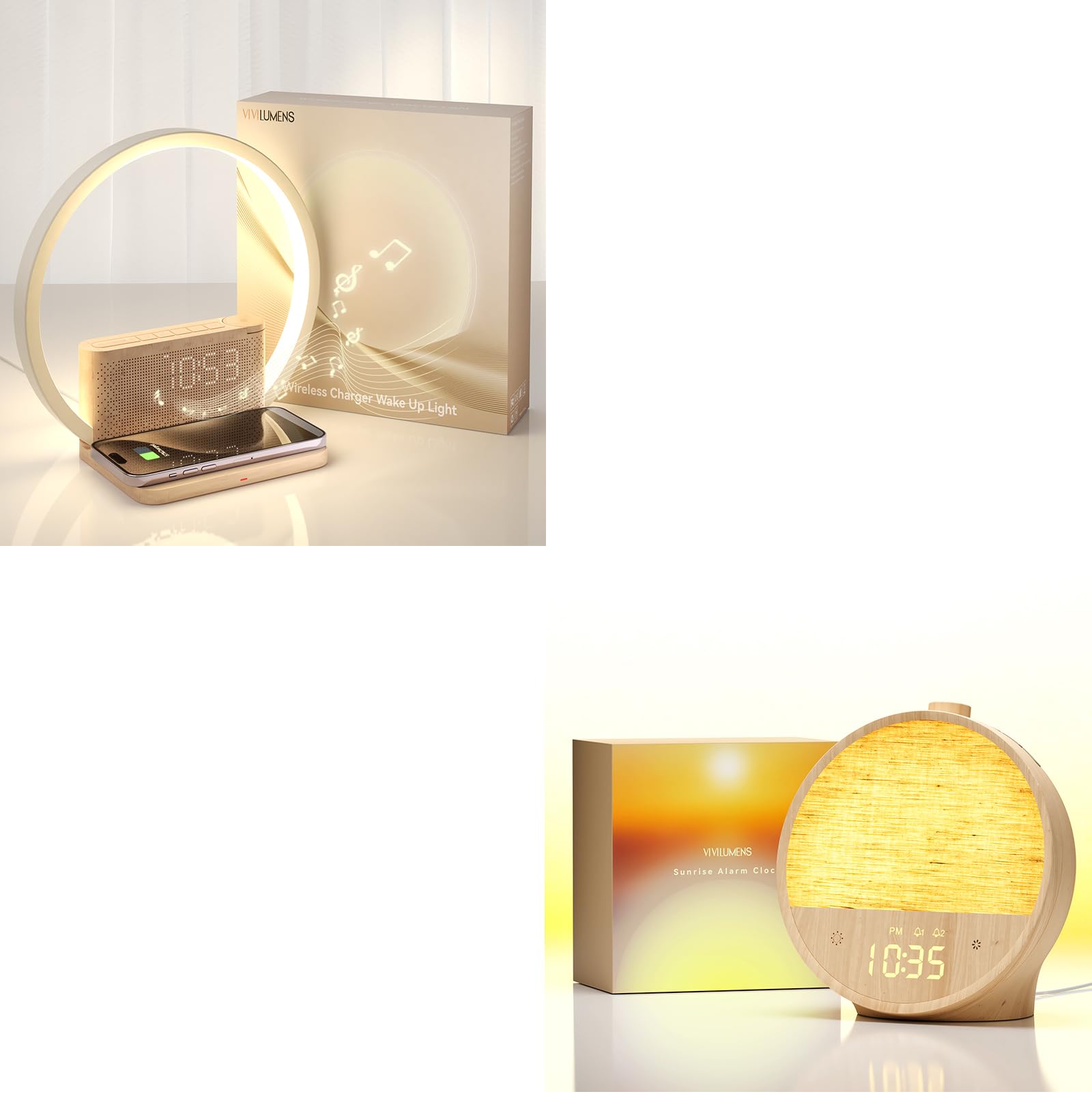 Vivilumens Sunrise Alarm Clock Wireless Charger and Wood Grain Sunrise Alarm Clock