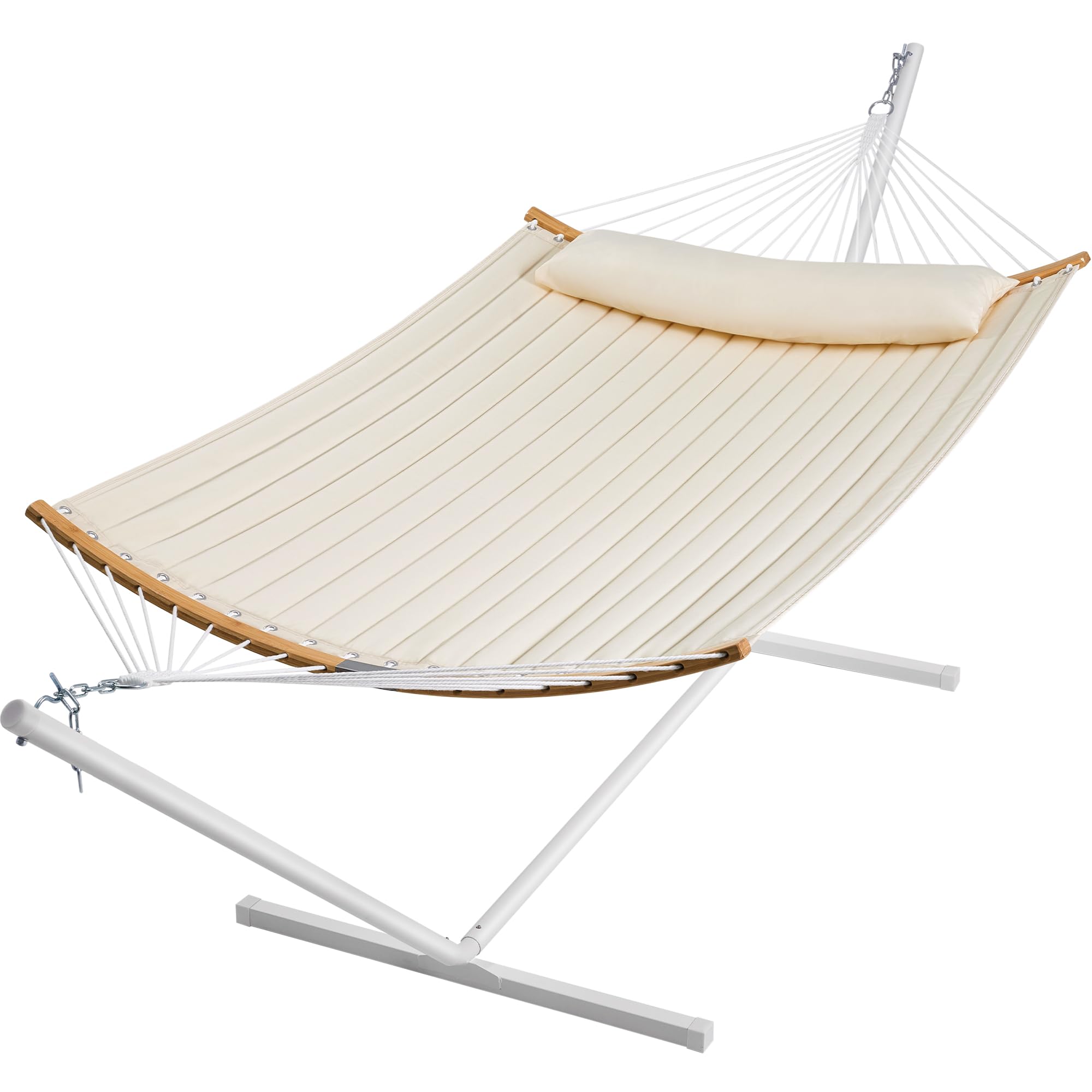 SUPERJARE Hammock with Stand, 2 Person Heavy Duty Hammock with Padded Cotton, Detachable Pillow & Strong Curved-Bar & Portable Carrying Bag, Perfect for Outdoor & Indoor, Creamy Beige
