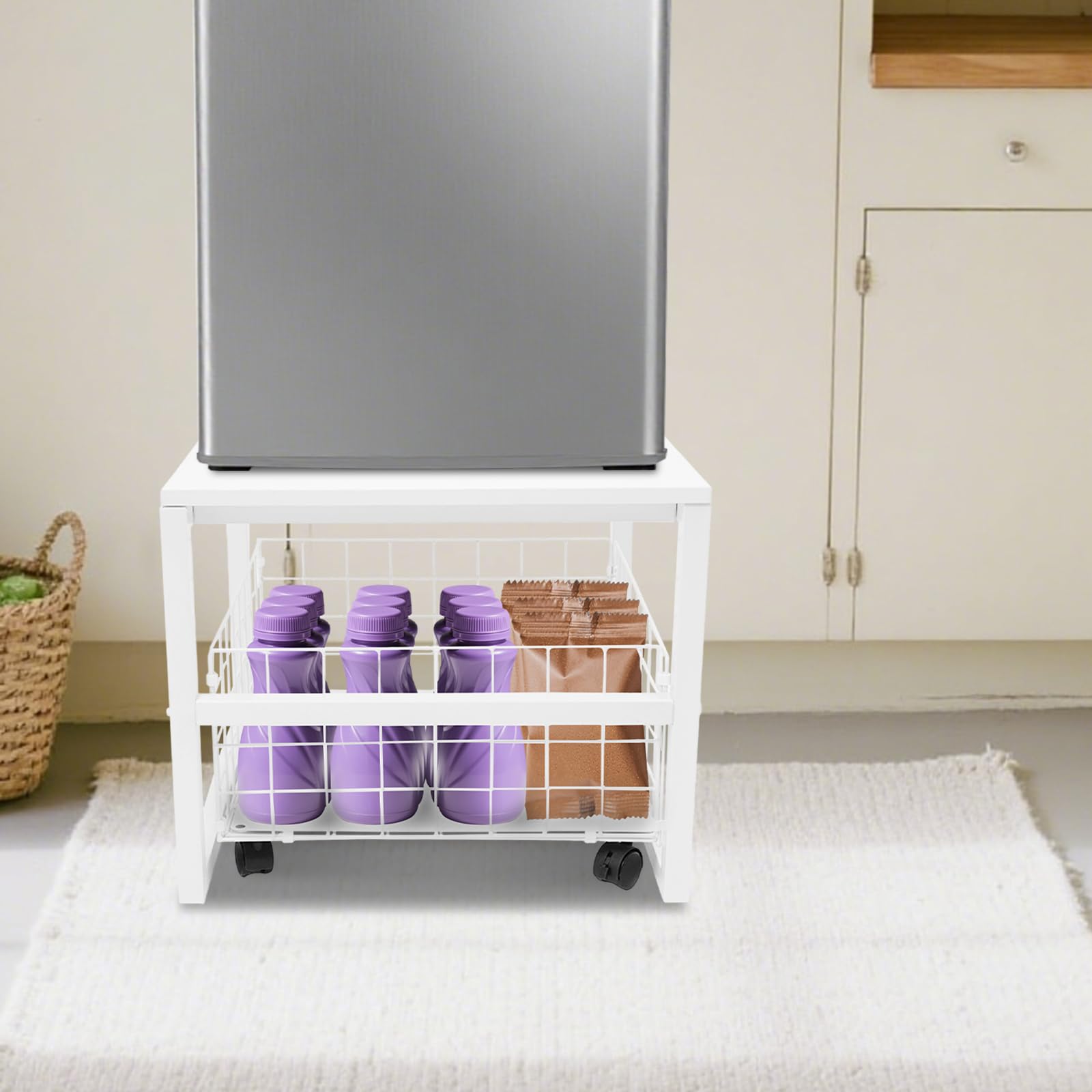 Soporte para frigorífico con cesta de red extensible, 50 x 50 x 43 cm, 50 kg, cesta de almacenamiento para oficina, salón, mesa auxiliar