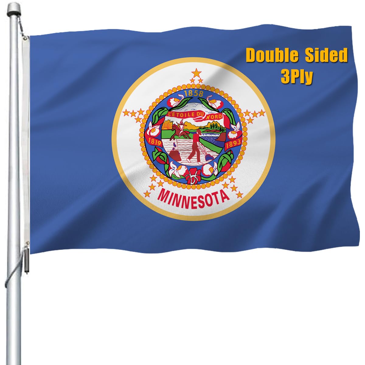 WANSHUNDEMinnesota Flag 3x5 Outdoor Double Sided - Heavy Duty Polyester State of Minnesota Flags for Outside 4 Rows Hemming MN Flag with 2 Brass Grommets