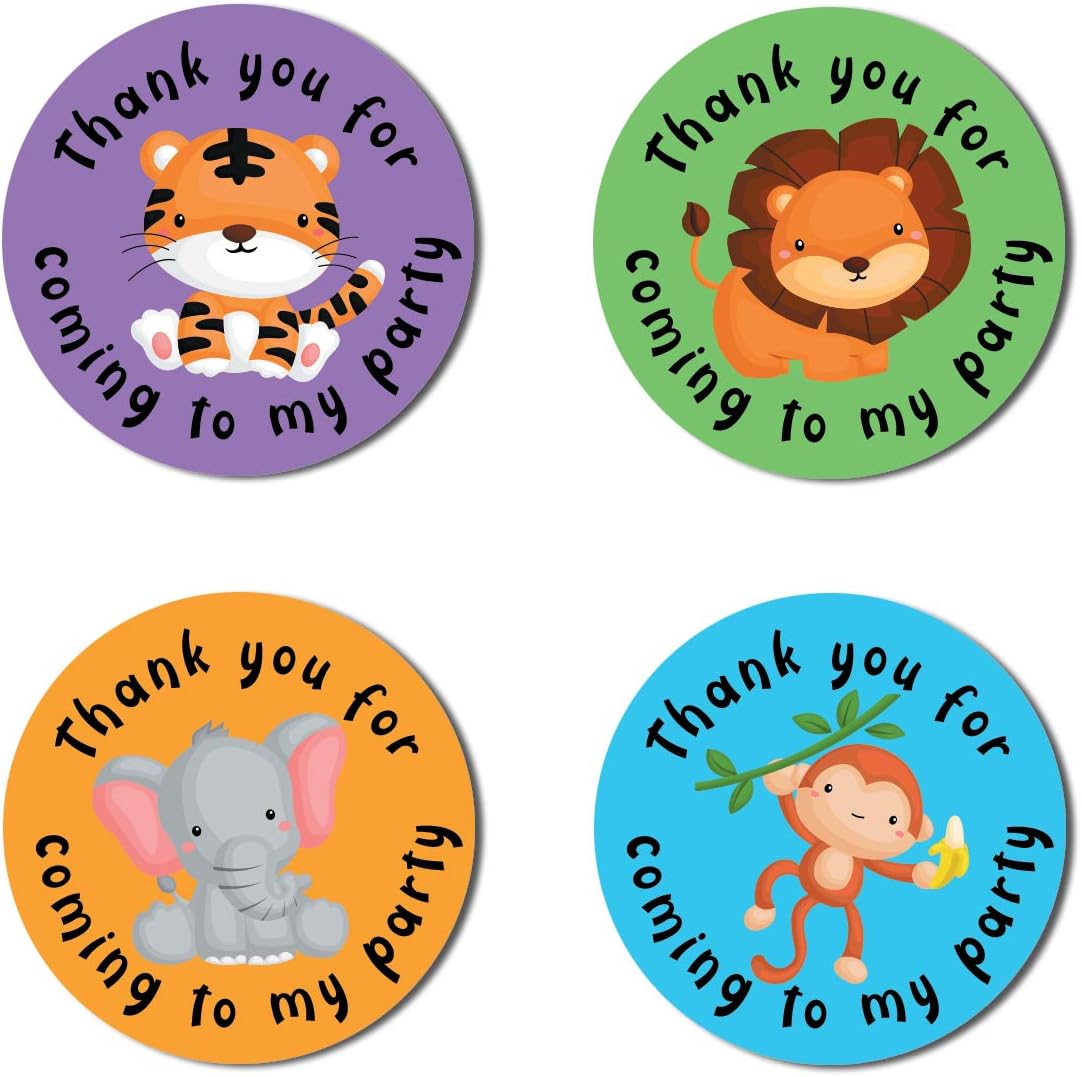 40mm Jungle Animals Thank You for Coming to My Party Round Stickers for Party Bags & Sweet Cones - Lion, Monkey, Elephant & Tiger (48 Stickers)
