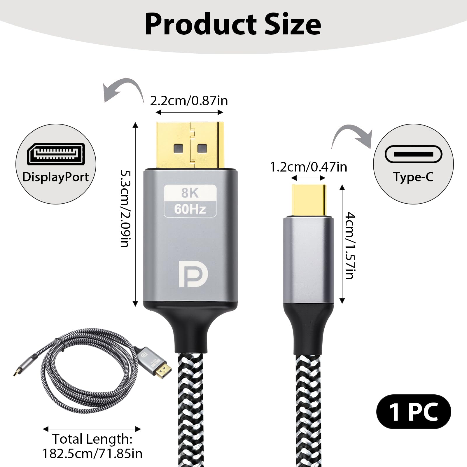 Cable USB C a DisplayPort 8K @60Hz 1,8M Tipo C para Thunderbolt 3/4 a DP1.4 Cable HDR VRR 26Gbps para iPhone 15/16 Pro Max MacBook iPad Pro Air M2 Mac mini M4 Surface Pro Pro