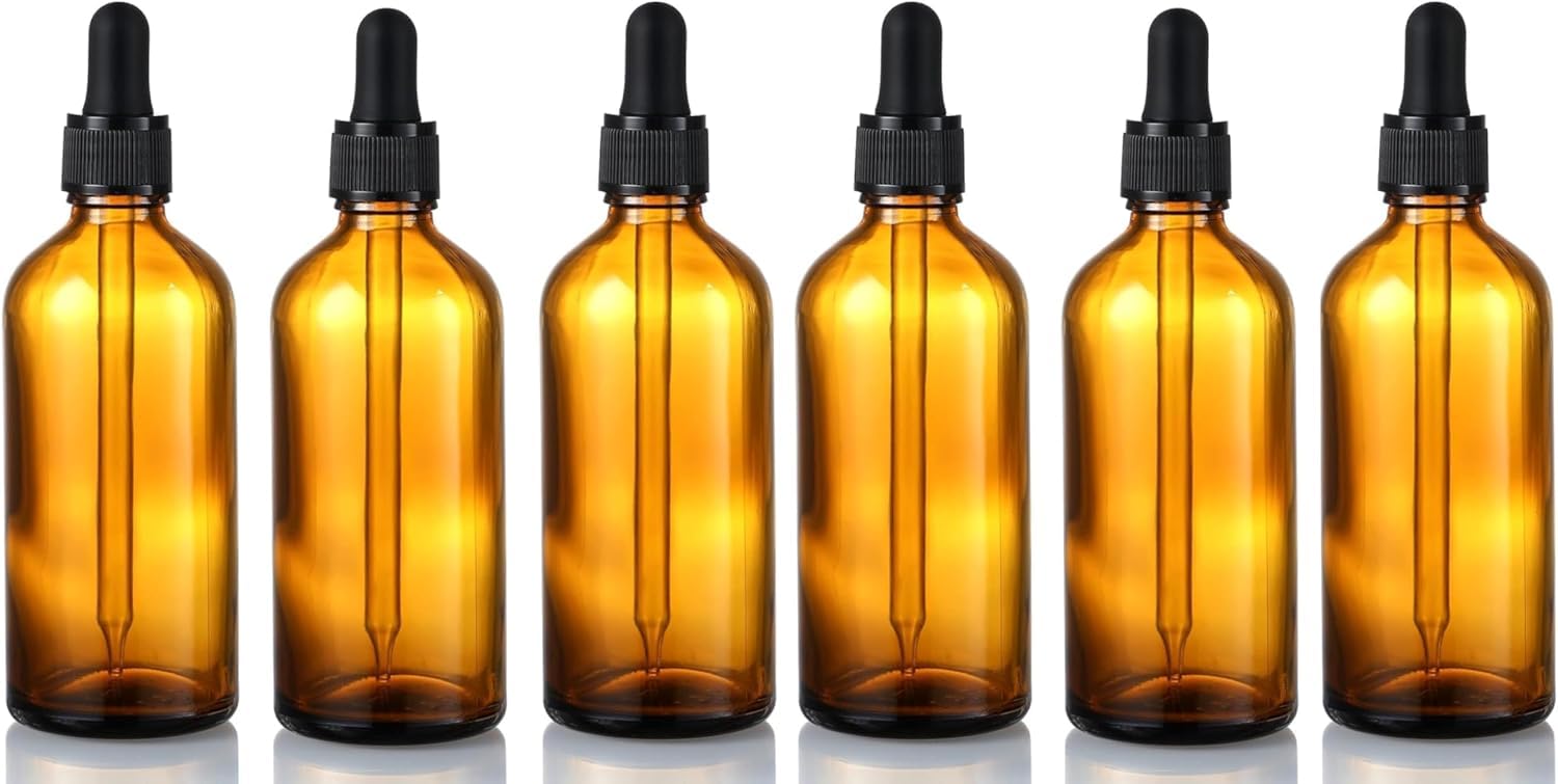 100ml Amber Dropper Bottles for Essential Oils - 3.4 oz Refillable Glass Bottles with Eye Droppers for Aromatherapy, DIY Blends, Skincare, Perfumes, Beard Oils, Travel, and Cooking (Pack of 6)