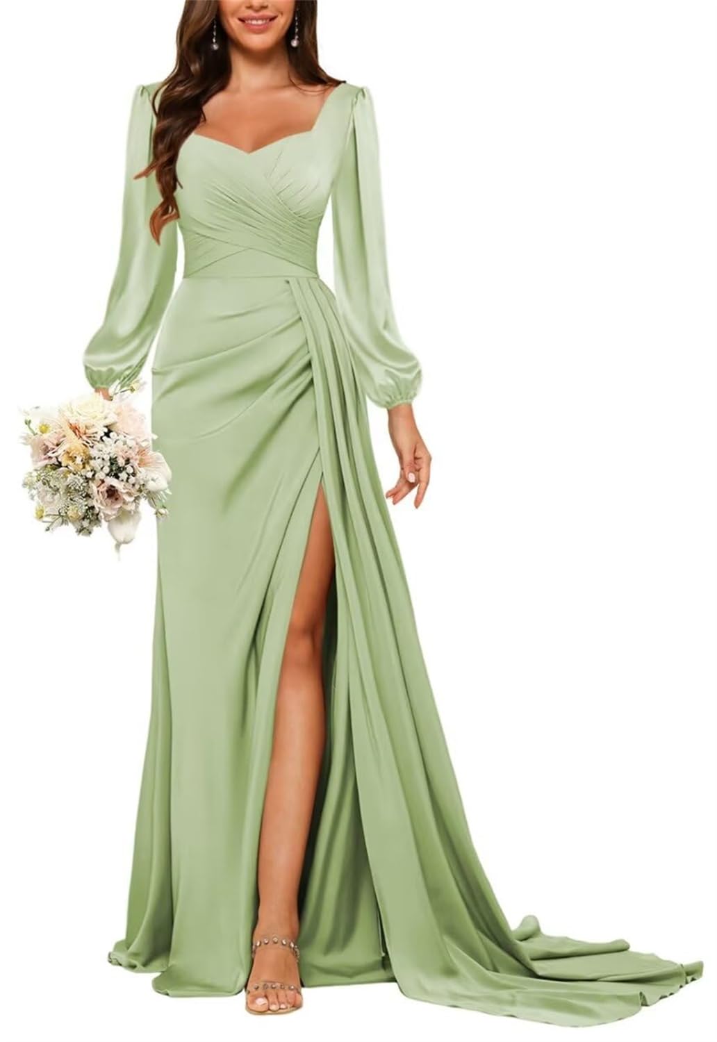 HPPEE Sage Green Bridesmaid Dresses with Sleeves for Women Corset Side Slit Long Sleeve Satin Prom Dress Long Ball Gown UK12
