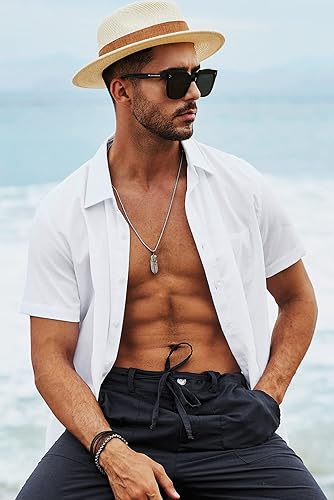 Miniatura 252 de JMIERR Camisas de vestir a rayas con botones y manga corta para hombre