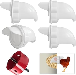 DIY Chicken Feeders, with Rat Stopper Caps, Hoobabuy Rain Proof and Insect Proof, No Waste Poultry Feeders with Covers Gravity Feed Kit Ports, Hole Saw for Buckets, Barrels, Bins, (4 Ports,1 Hole Saw)