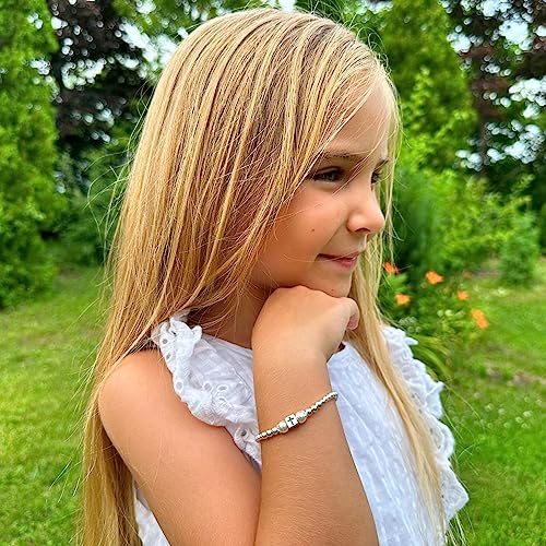 Image of Baby Crystals Personalized Baptism Pearl Bracelet for Girls, White Simulated European Pearls, Sterling Silver Cross Charm Initial Bracelet, Handmade Baptism Gifts for Girl, Girls Jewelry