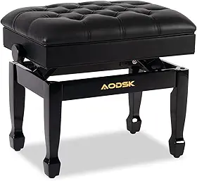 AODSK Banco de piano de madeira ajustável com almofada acolchoada e armazenamento de partituras preto 56 cm x 33 cm x 45 cm (intervalo ajustável de altura: 45 cm a 56 cm)