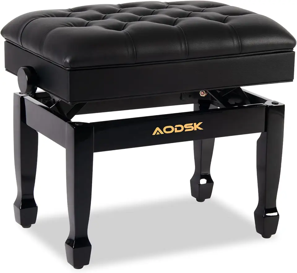 AODSK Banco de piano de madeira ajustável com almofada acolchoada e armazenamento de partituras preto 56 cm x 33 cm x 45 cm (intervalo ajustável de altura: 45 cm a 56 cm)