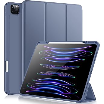 Vobafe Case Compatible with iPad Pro 12.9 6th/5th/4th/3rd Generation TPU Flexible Back with Pencil Holder for iPad Pro 12.9 2022/2021/2020/2018 Support Pencil 2 Charging Blue Grey