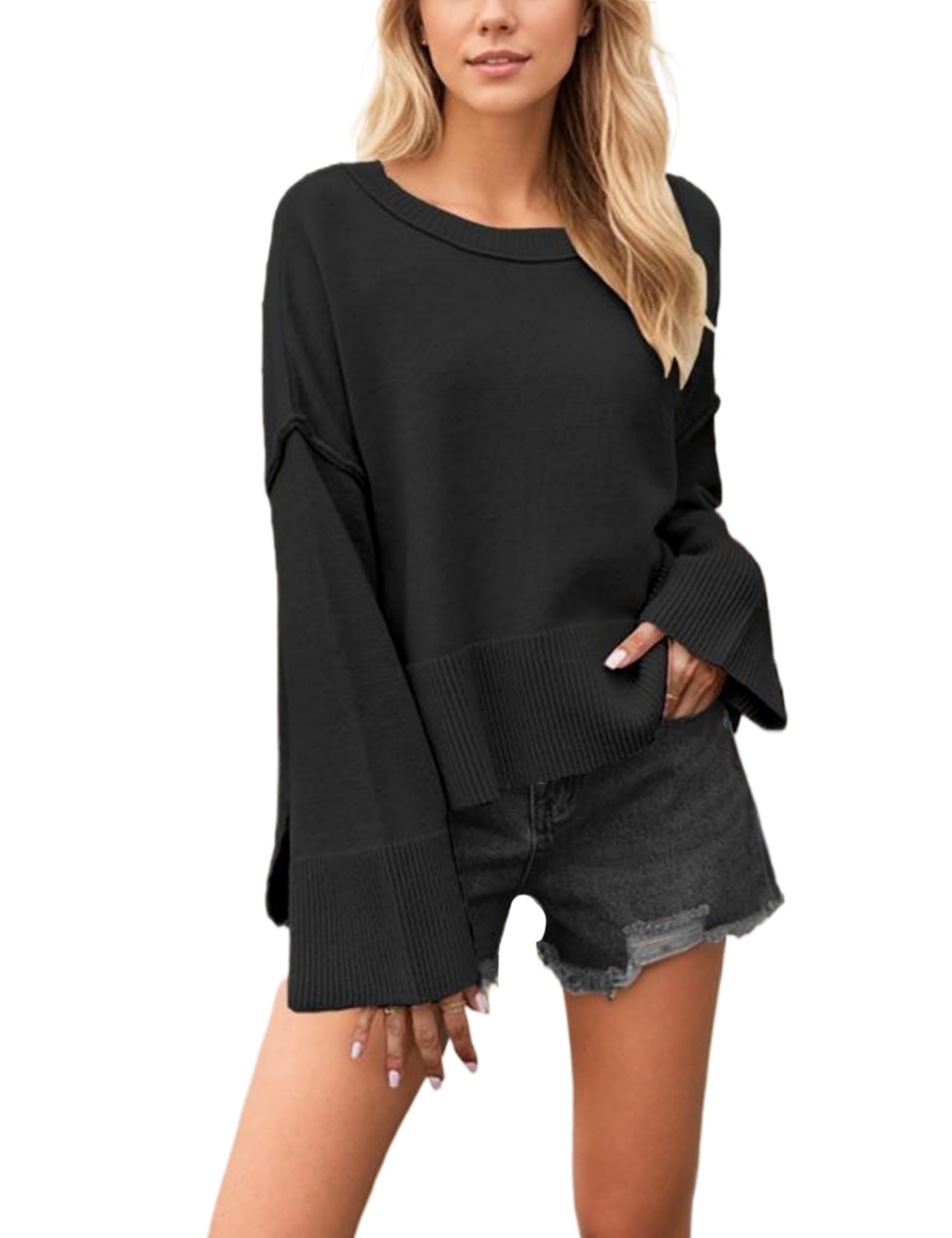 Wanzetaly Womens Oversized Cropped Sweaters Casual Crewneck Pagoda Sleeve Knit Pullover Tops