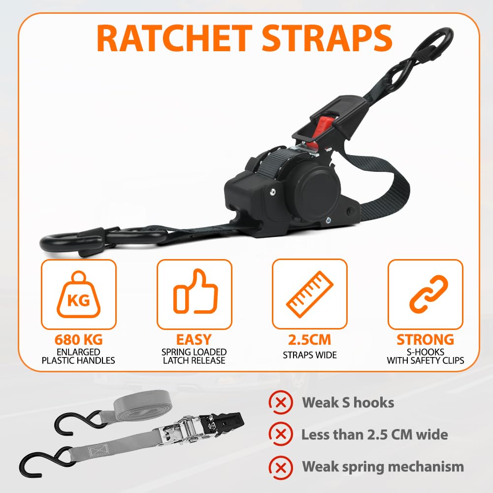 Cinghie di ancoraggio a cricchetto retrattili, 2 Pcs Cinghie di Tensione, Cinghia di tensionamento automatica 3.5m x 2.5cm, resistenza alla rottura massima di 680 kg,con gancio S, per Moto,Auto