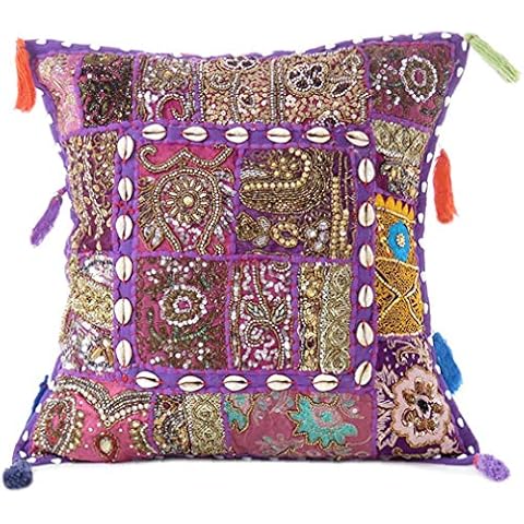 Eyes of India Colorful Decorative Sofa Throw Patchwork Cushion Couch Pillow Cover Case Bohemian Accent Indian Boho Chic Handmade (Purple, 24" x 24") Cover