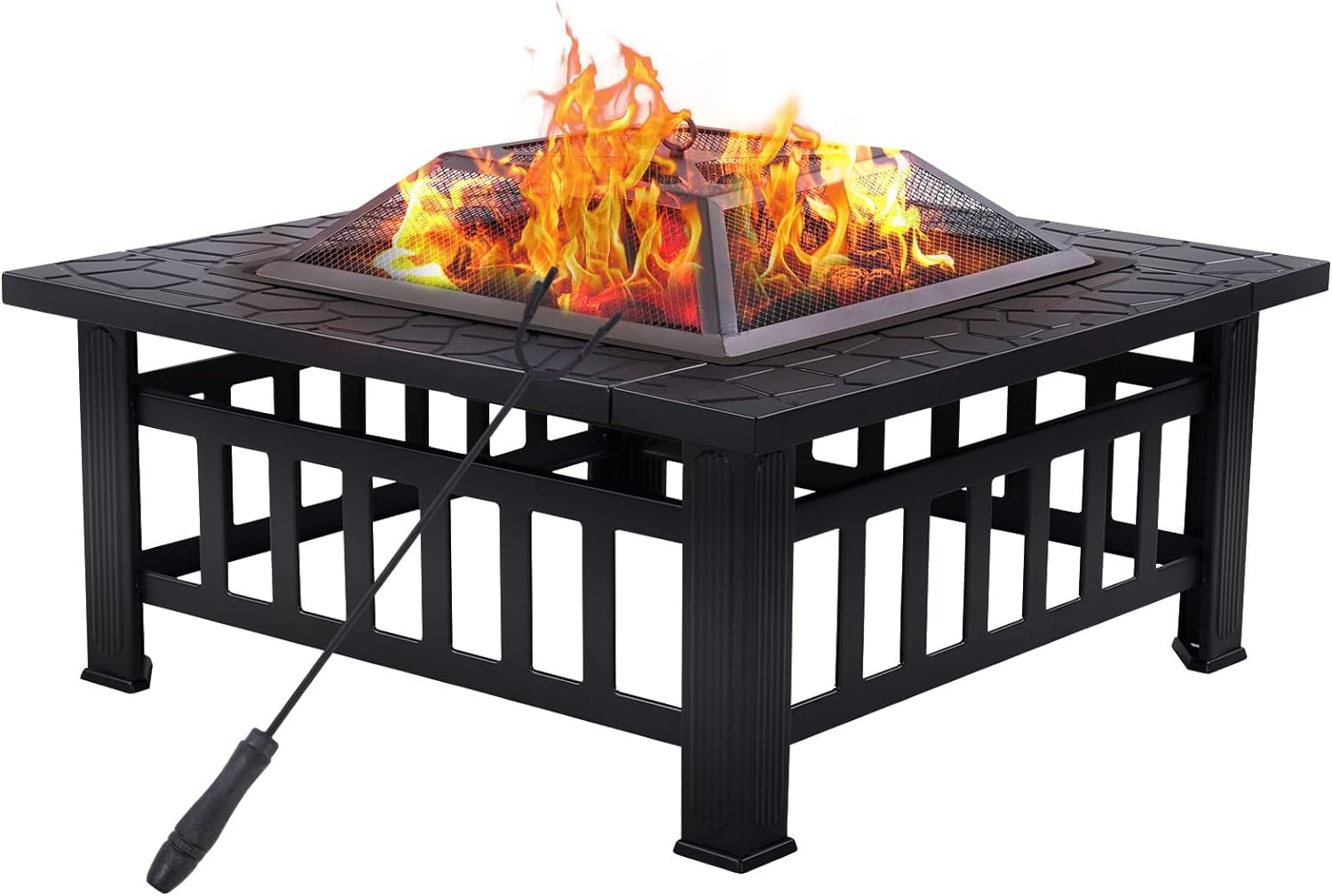 Yangming32 Inch Outdoor Metal Fire Pit, Square Wood Burning Firepit with Steel Fire Poker and Cover for Outdoor Patio Garden Backyard Camping Heating