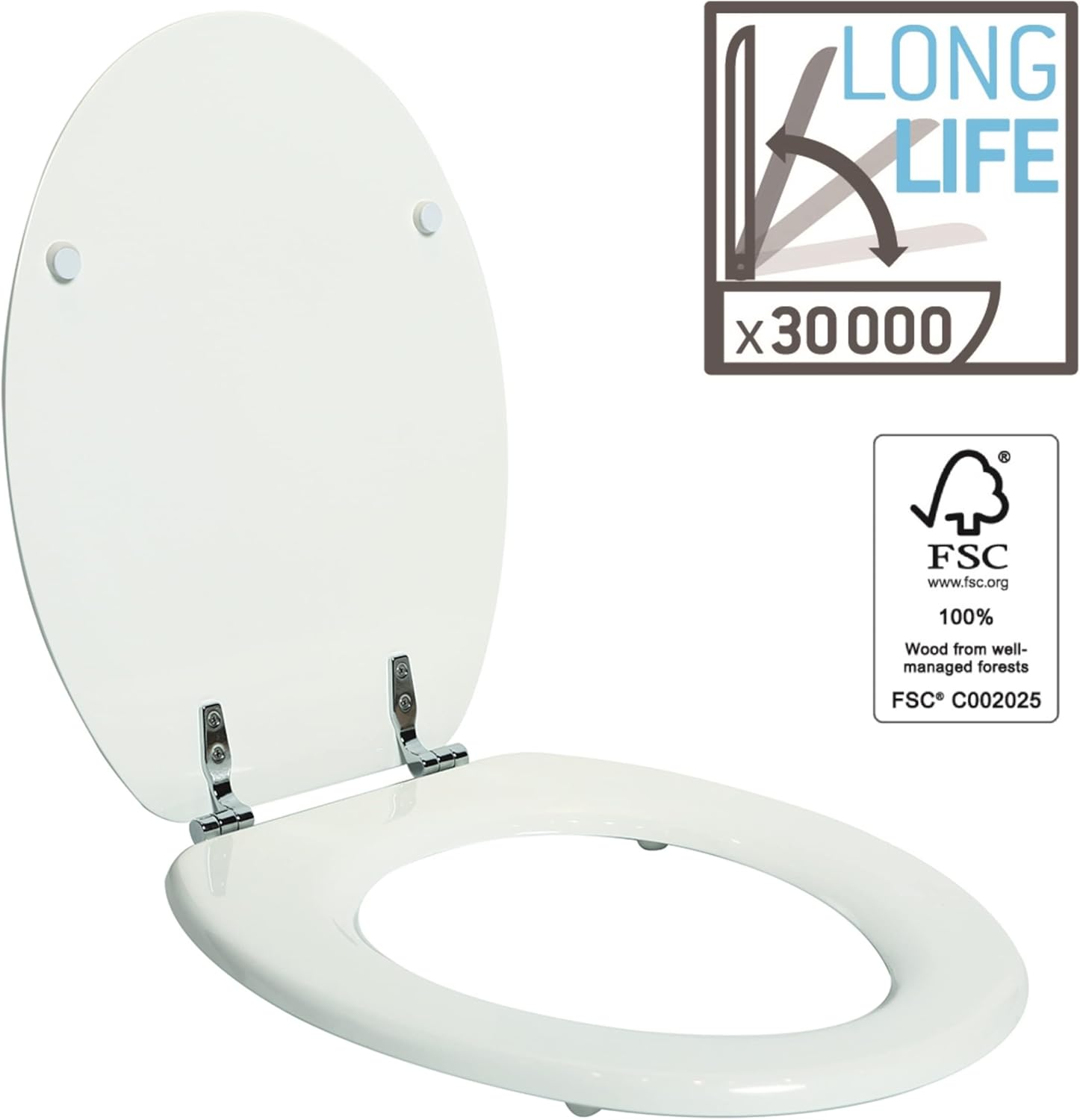 Image montrant le siège de toilette SENSEA avec les logos « Longue durée de vie x30000 » et FSC, indiquant sa durabilité et son approvisionnement durable.