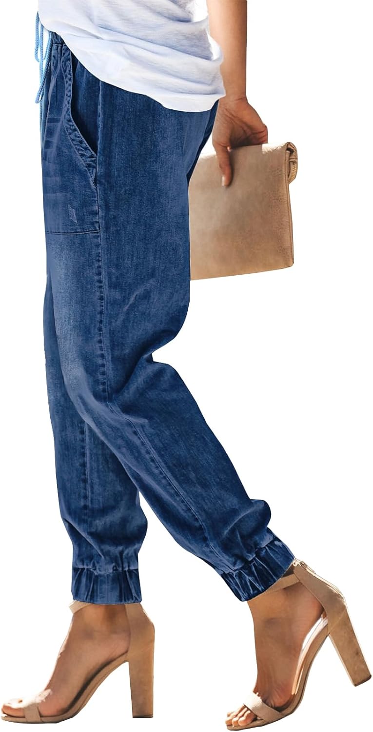 LONGYIDA Jean Joggers for Women Denim Ripped Loose Jeans High Waisted Stretch Drawstring Denim Joggers Pants - Image 2