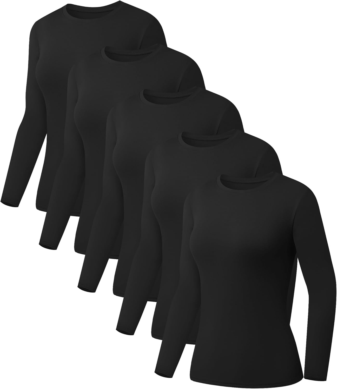 5 Pack Womens Basic Long Sleeve Shirts Crew Neck Slim-Fit Fitted T Shirts Tops Undershirts Underscrub Baselayer