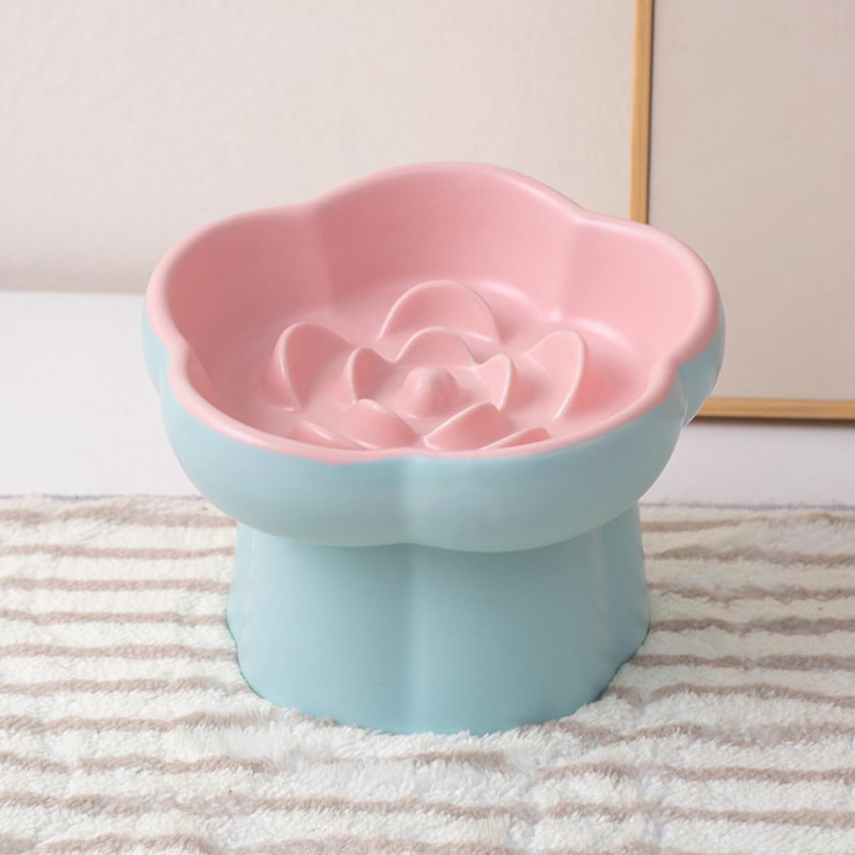 Podwyższona miska dla kota z powolnym posuwem, ceramiczna podwyższona miska ze szkła z tytułem, urocza kuweta w kształcie kwiatu na suchą i mokrą karmę, różowo-niebieska