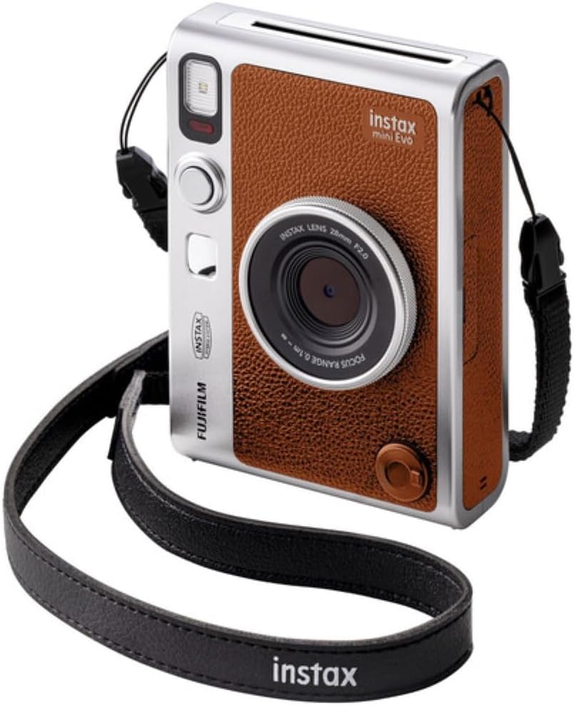 FUJIFILM INSTAX Mini EVO Hybrid Instant Camera | Brown Bundle with Fujifilm Instax Mini Instant Film | 60 Exposures + Micro-SD 32GB + Microfiber Cleaning Cloth (4 Items)