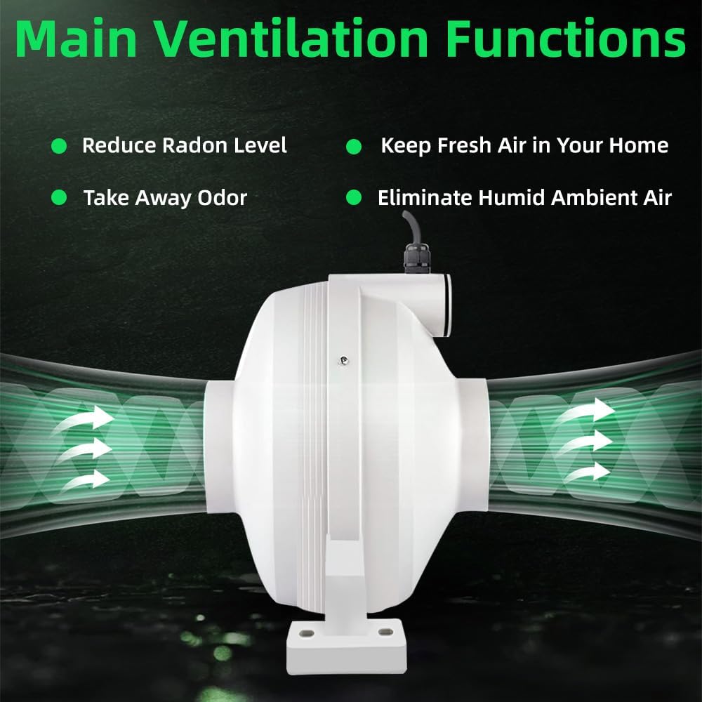 6 inch Radon Fan 420CFM - Radon Mitigation System Inline Duct Fan IP67 Waterproof, Quiet and Energy Efficient Electric Exhaust Inline Fan 6" for Indoor Outdoor