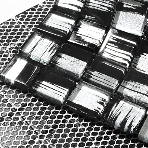 Parrotile Silver Glass Tile, 7/8 Inch Squared Black Glass Mosaic Tiles, 12X12 Inch Per Sheet Mesh Mounted, Mosaic Glass Tile For Kitchen Bath Shower Accent Wall Backsplash (Pack Of 5 Sheets) #TOP7