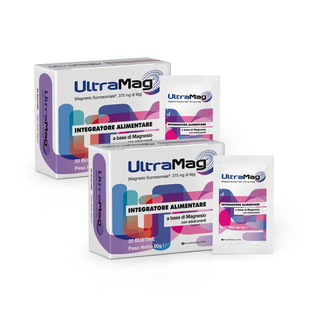 UltraMag®, Integratore di Magnesio Sucrosomiale® 375 mg, Alto assorbimento, Alta tollerabilità, Riduce stress e affaticamento, Stanchezza fisica e mentale, Senza glutine, 20 +20 bustine, Pharmanutra