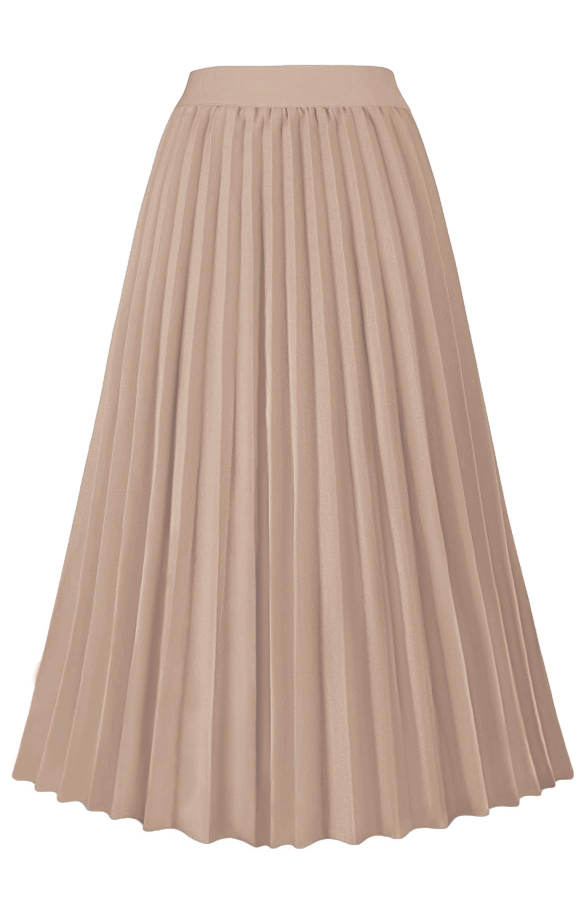 GOLDSTITCH Women's High Waist Pleated A-Line Midi Skirt, Khaki, 95% Polyester 5% Cotton