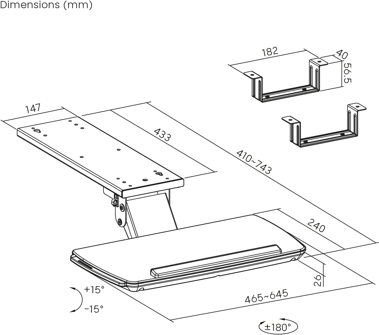 Technical drawing showing dimensions of the Maclean MC-156W keyboard tray