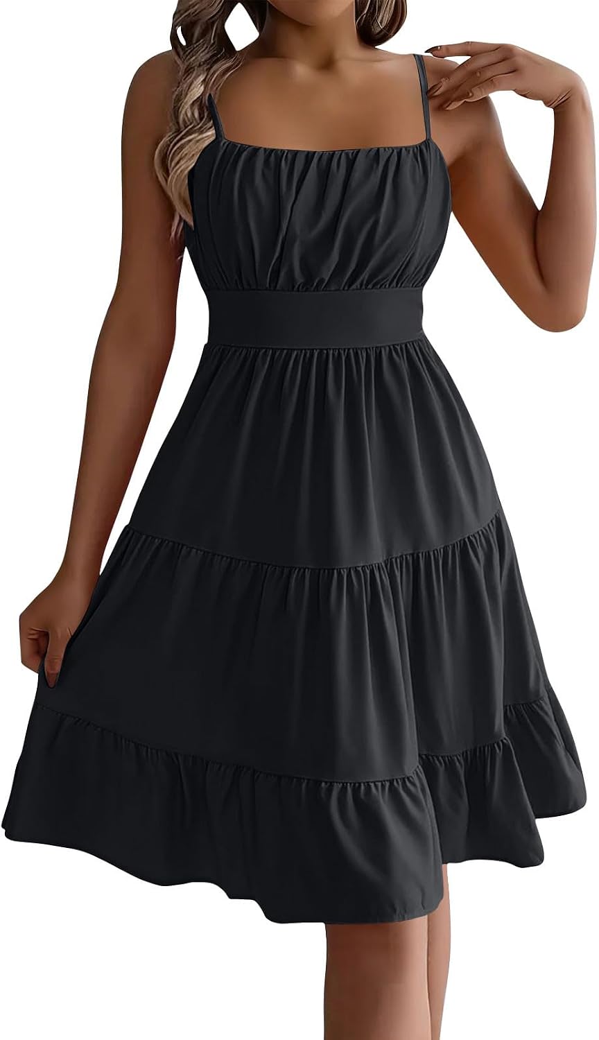 Womens Sleeveless Smocked Midi Dress Flowy Cute Summer Dresses Boho Spaghetti Strap Tiered A Line Casual Sundress