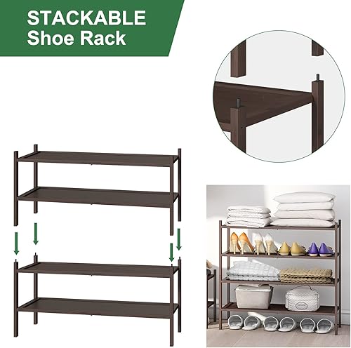 Vista 4 de Zapatero de bambú para entrada, apilable de 2 niveles, plegable, natural, organizador de zapatos para armario de pasillo, zapateros independientes