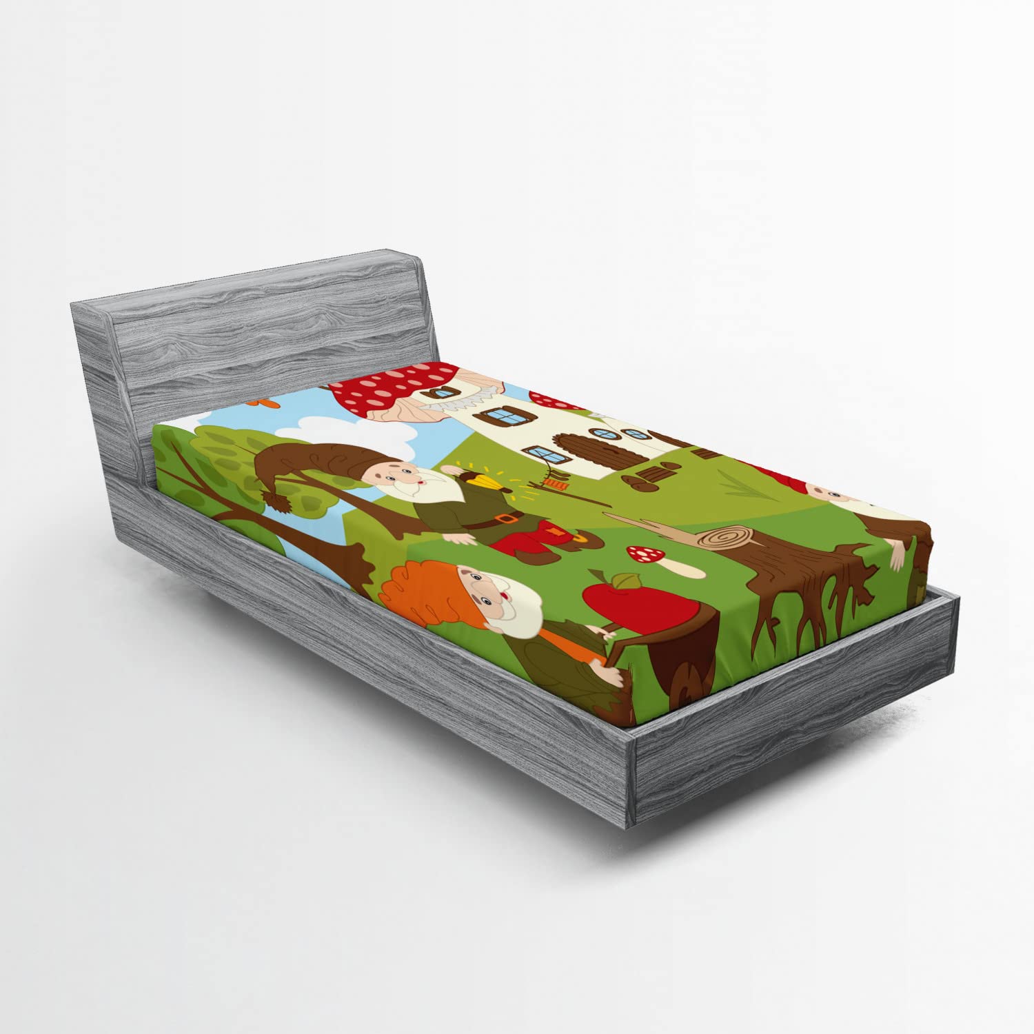 Ambesonne Gnome 2 Pack Fitted Sheet, Elves Working in The Garden, Bed Cover All-Round Elastic Deep Pockets 2 Pieces, Package Contains 2 Twin XL Size Fitted Sheets, Red Green