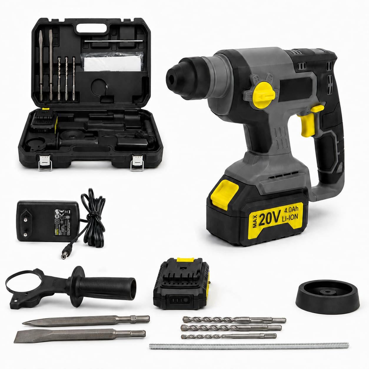 KOMBO PRO - Kit Tassellatore a Percussione BRUSHLESS 20V – 1,7 Joule, 1400 Giri/Min, SDS Plus, Batteria 4.0Ah, 3 Punte + 2 Scalpelli, Valigetta Rigida per Forature e Scalpellature Professionali
