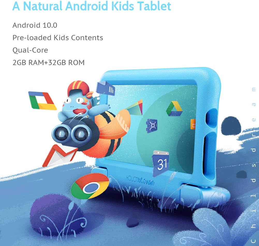 New Arrivals Dragon Touch KidzPad Y88X 7 Kids Tablet with WiFi, Android 10, 7” IPS HD Display, 32GB ROM, KIDOZ Pre-Installed, Kid-Proof Case, Shoulder Strap and Stylus, Blue