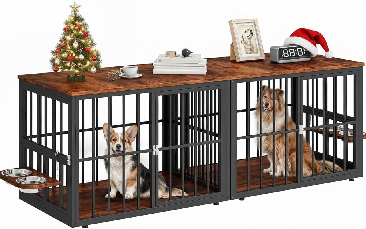 YITAHOME 77.6" Large Corner Dog Crate Furniture for 2 Dogs, Steel Frame Cage with Double Doors & Bowls & 3 Doors, Double Dog Crate Furniture TV Stand for Medium Large Dogs, Brown ( Incomplete BOX 1 of 2 ONLY)