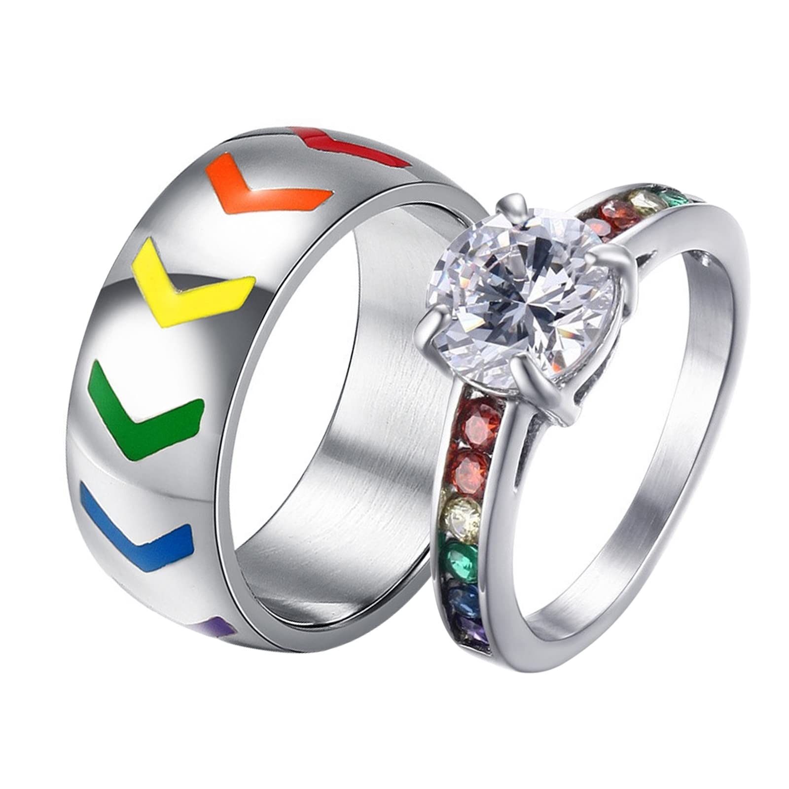 AmDxD Anillo de compromiso plateado, de acero inoxidable, alianza, boda, colorido, circonio, diseño de arco iris, W56.5 & M59, Acero inoxidable, circonita cúbica,